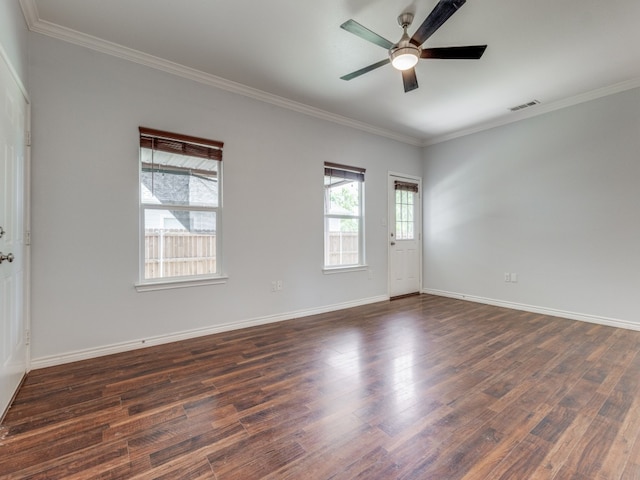 unfurnished room featuring ceiling fan, ornamental molding, and wood-type flooring