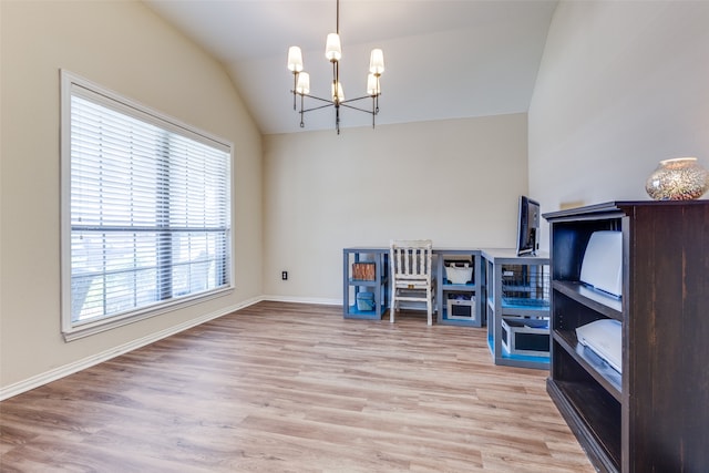 miscellaneous room with light hardwood / wood-style floors, vaulted ceiling, and a notable chandelier