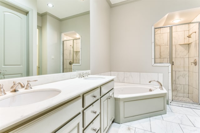 bathroom featuring dual vanity, tile patterned flooring, ornamental molding, and separate shower and tub