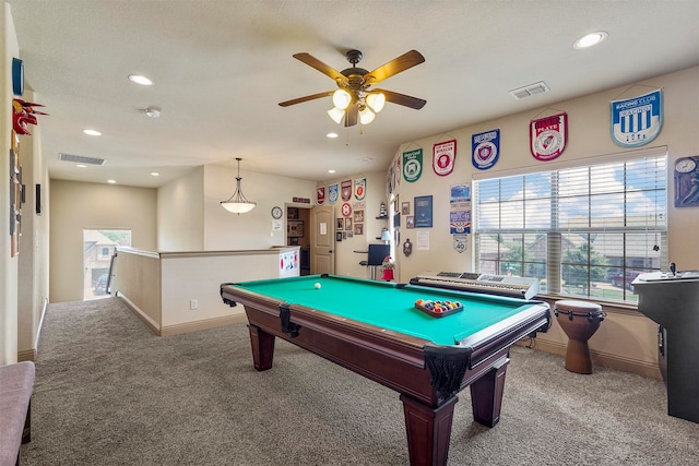 game room featuring pool table, light carpet, a wealth of natural light, and ceiling fan