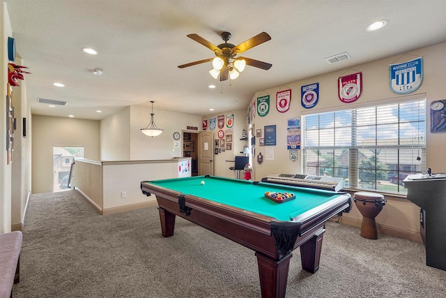 recreation room featuring carpet, billiards, and ceiling fan