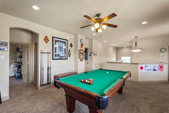 rec room with light carpet, billiards, and ceiling fan