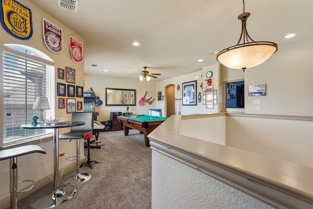 game room with pool table, carpet floors, and ceiling fan