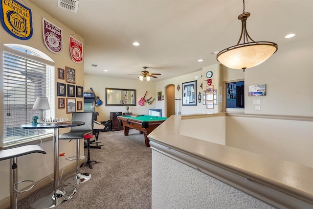 game room with carpet, pool table, and ceiling fan