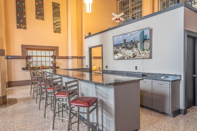 bar with dark stone counters and a towering ceiling