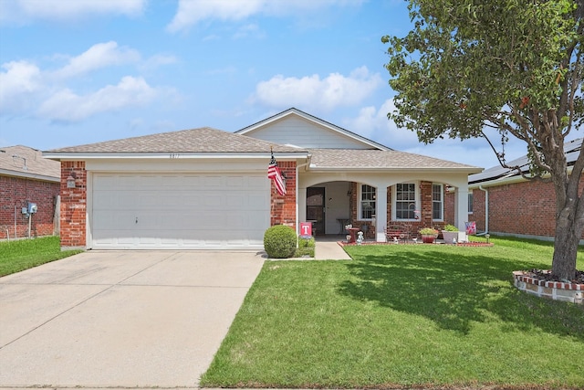 ranch-style home with a front lawn and a garage