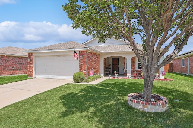 single story home featuring a front lawn and a garage