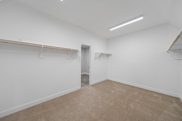 walk in closet with lofted ceiling and light colored carpet