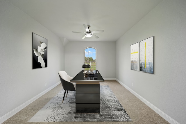 home office with carpet floors and ceiling fan