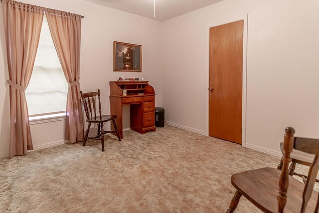 sitting room featuring light colored carpet