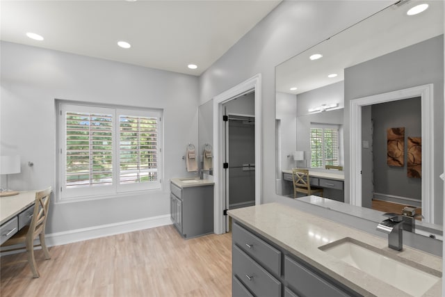 bathroom with hardwood / wood-style floors and vanity