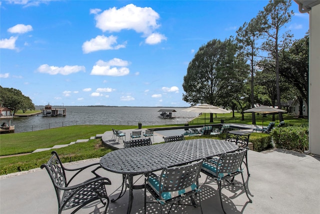 view of patio / terrace featuring a water view