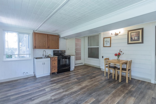 kitchen with crown molding, black range with electric cooktop, dark hardwood / wood-style flooring, and sink