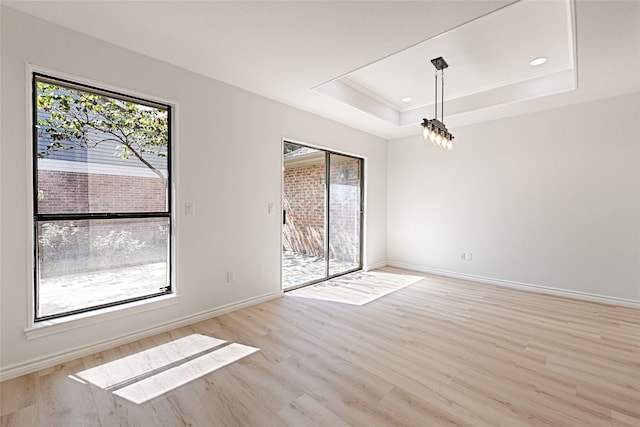 unfurnished room with light hardwood / wood-style floors and a raised ceiling