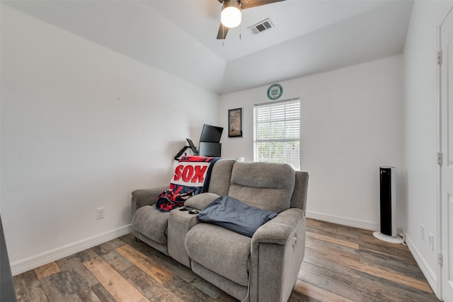 sitting room with lofted ceiling, ceiling fan, and hardwood / wood-style floors