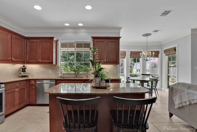 kitchen with tasteful backsplash, ornamental molding, stainless steel dishwasher, and an inviting chandelier