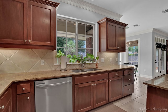 kitchen featuring light stone countertops, backsplash, crown molding, sink, and dishwasher