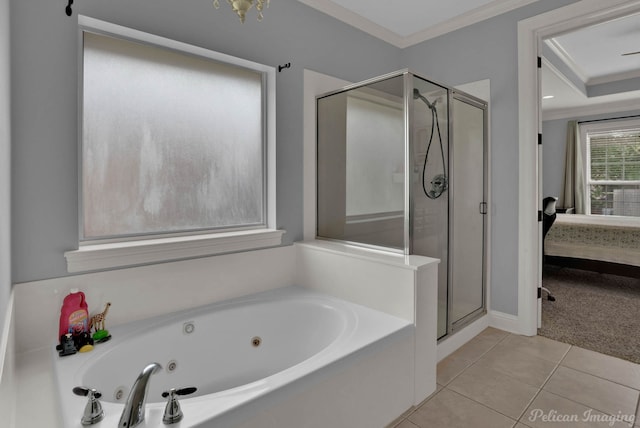 bathroom with plus walk in shower, tile patterned floors, and crown molding