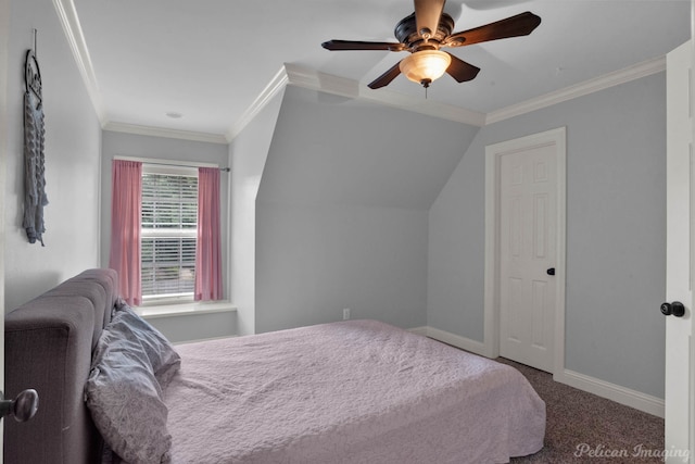 carpeted bedroom featuring lofted ceiling, ceiling fan, and ornamental molding