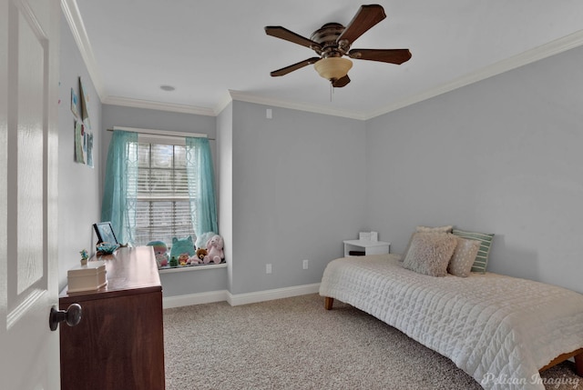 bedroom featuring ceiling fan, crown molding, and light carpet