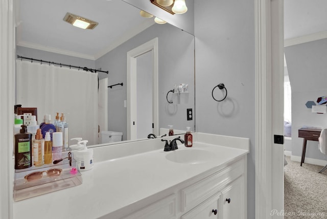 bathroom featuring a shower with curtain, vanity, toilet, and ornamental molding