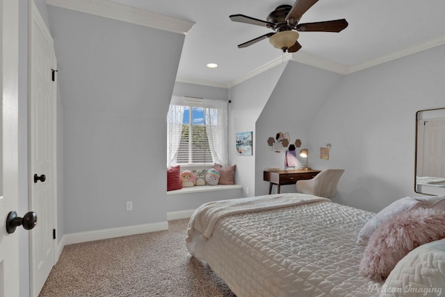 bedroom with ceiling fan, light colored carpet, vaulted ceiling, and ornamental molding