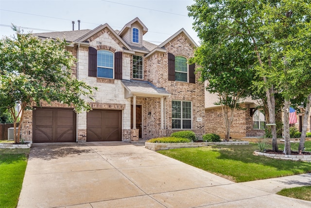 view of front of home with a garage and a front lawn