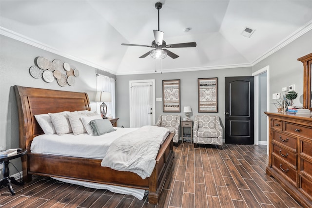 bedroom featuring crown molding, dark hardwood / wood-style flooring, ceiling fan, and lofted ceiling