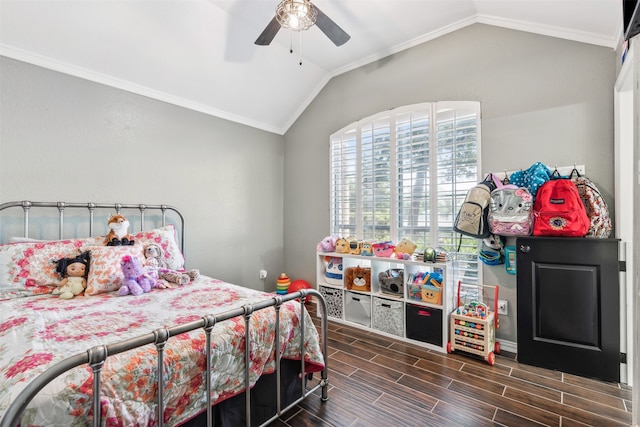 bedroom featuring wood-type flooring, crown molding, vaulted ceiling, and ceiling fan