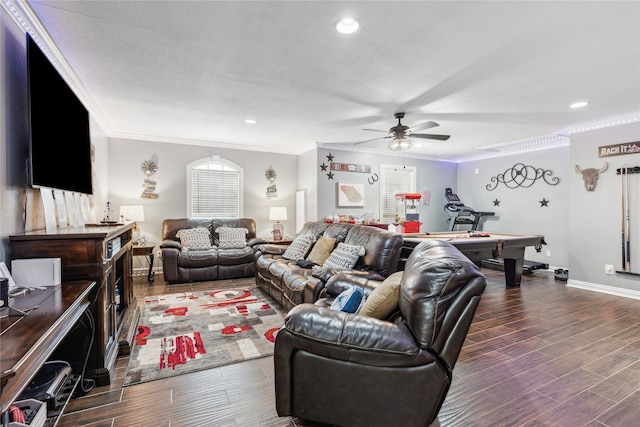 living room featuring pool table, ceiling fan, dark hardwood / wood-style floors, and crown molding