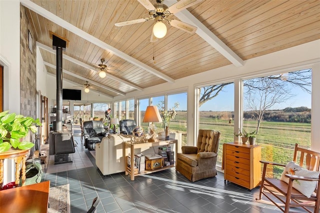 sunroom / solarium with lofted ceiling with beams, wooden ceiling, and a wood stove