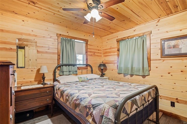 bedroom featuring wooden ceiling and wooden walls