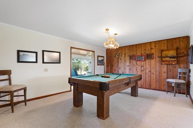 recreation room with carpet, wood walls, baseboards, and billiards