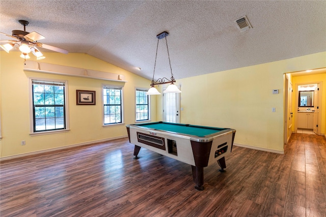 playroom with dark wood-type flooring, billiards, vaulted ceiling, a textured ceiling, and ceiling fan