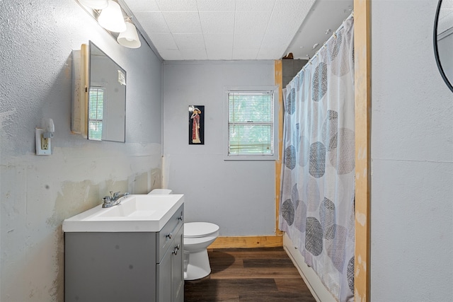 bathroom with toilet, hardwood / wood-style floors, and vanity