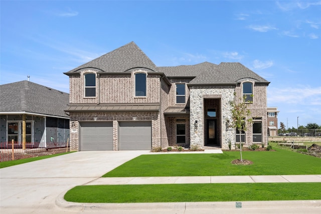 french country inspired facade with a front lawn and a garage