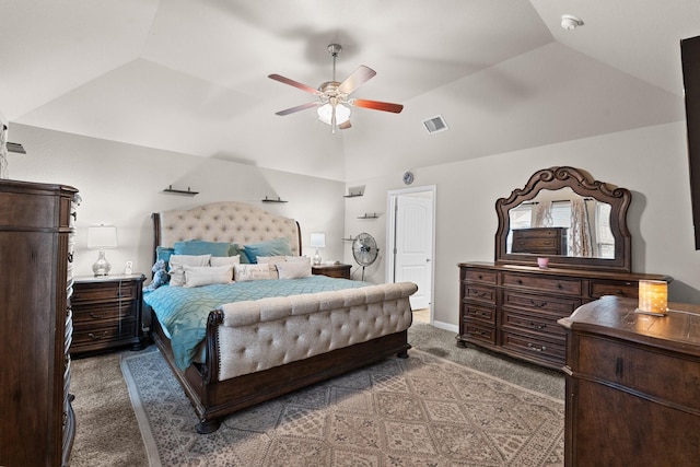 bedroom featuring baseboards, visible vents, lofted ceiling, ceiling fan, and carpet flooring