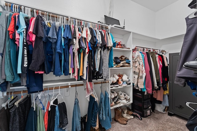 walk in closet with carpet flooring