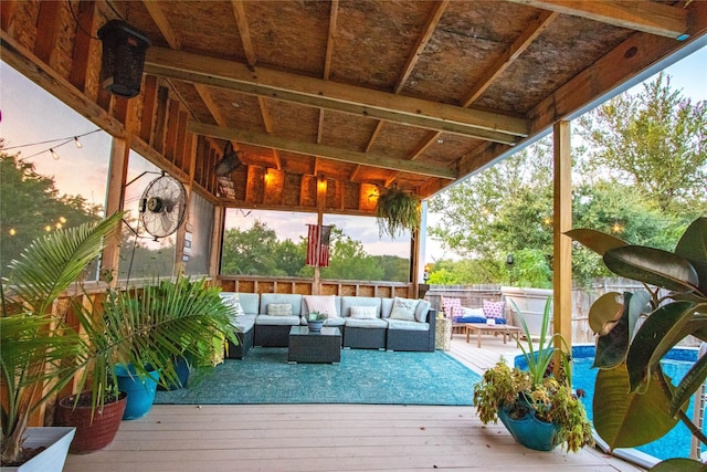 deck featuring fence and an outdoor hangout area