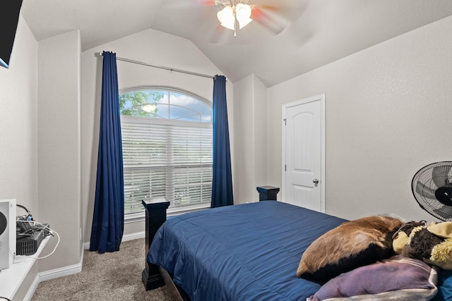 bedroom featuring lofted ceiling, ceiling fan, carpet flooring, and baseboards