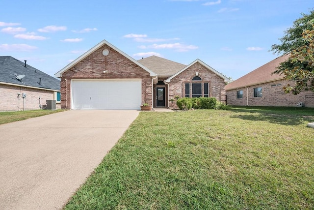 ranch-style house with brick siding, an attached garage, driveway, a front lawn, and central AC