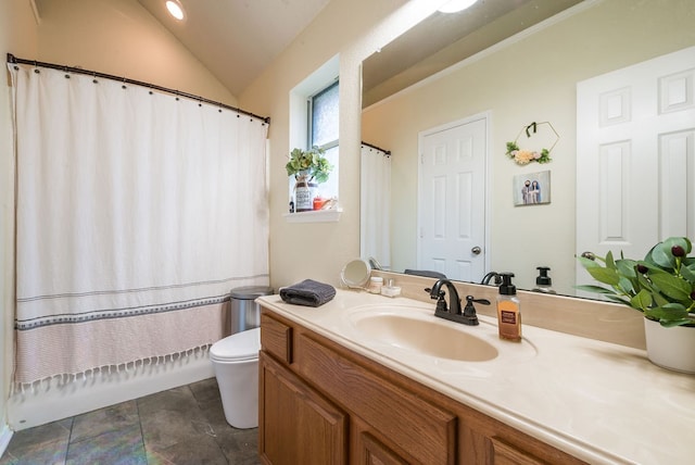 full bathroom with vanity, shower / bath combination with curtain, toilet, and lofted ceiling