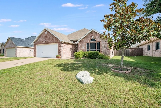 ranch-style house with brick siding, concrete driveway, an attached garage, and a shingled roof