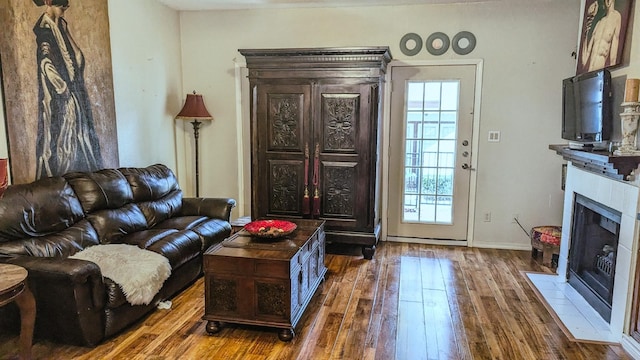 living room with dark hardwood / wood-style floors