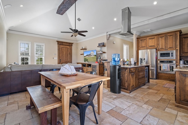 dining space featuring crown molding, beamed ceiling, and ceiling fan