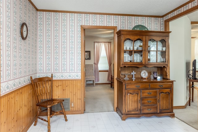 interior space with light carpet, a textured ceiling, and crown molding