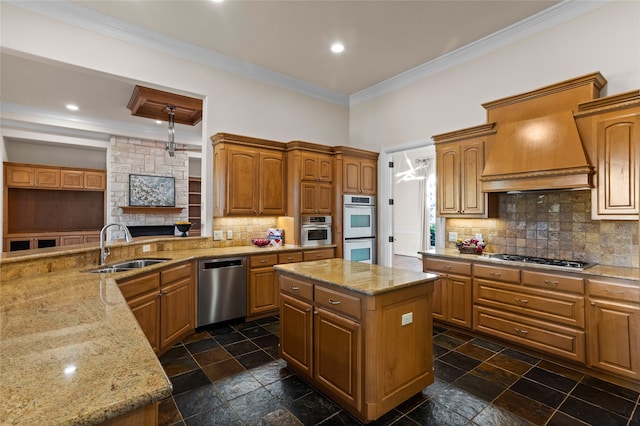 kitchen featuring ornamental molding, custom range hood, stainless steel appliances, sink, and a center island