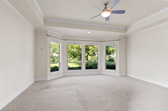 spare room featuring light colored carpet, a raised ceiling, ceiling fan, and ornamental molding