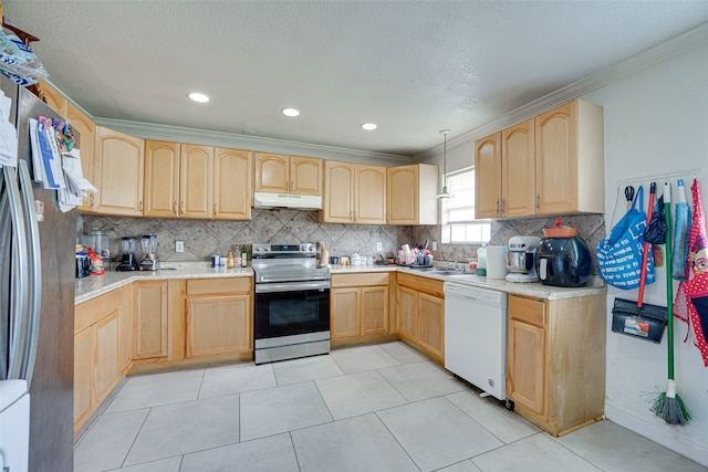 kitchen featuring light brown cabinetry, decorative backsplash, appliances with stainless steel finishes, and light tile patterned floors