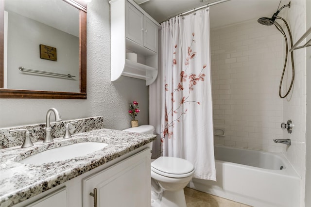 full bathroom featuring vanity, toilet, shower / tub combo, and tile patterned flooring